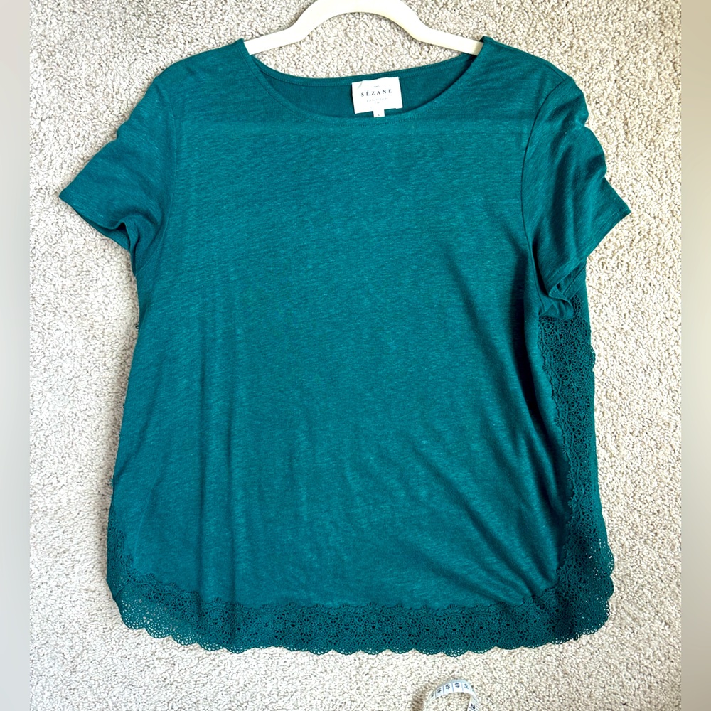 Sezane linen tee with lace trim - size L - forest green